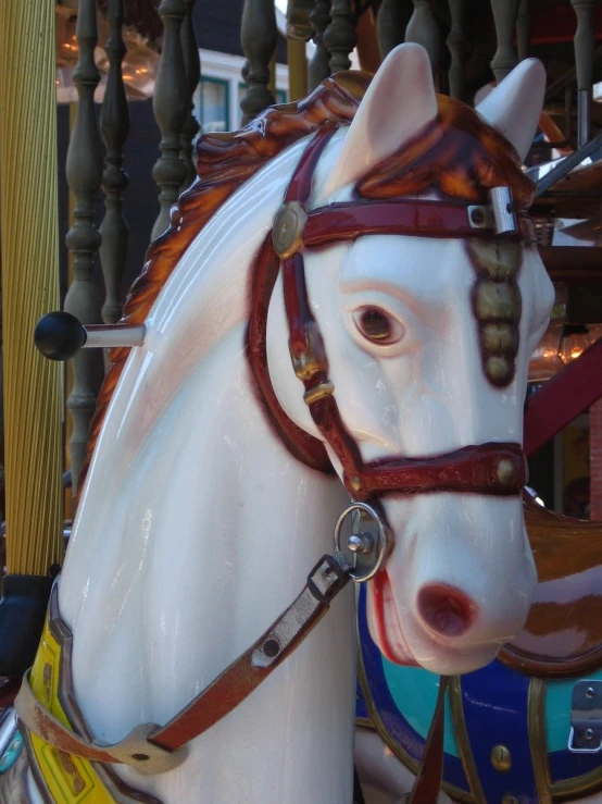 a white horse with red nose and harness