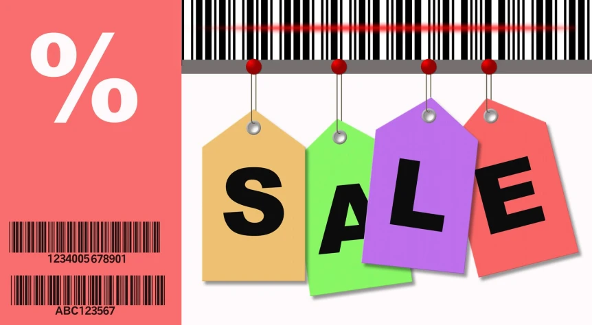 bar code sales sign with one side colored, with two - tone bar code as background