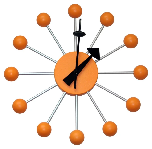 an orange clock with arrows on it and a black arrow