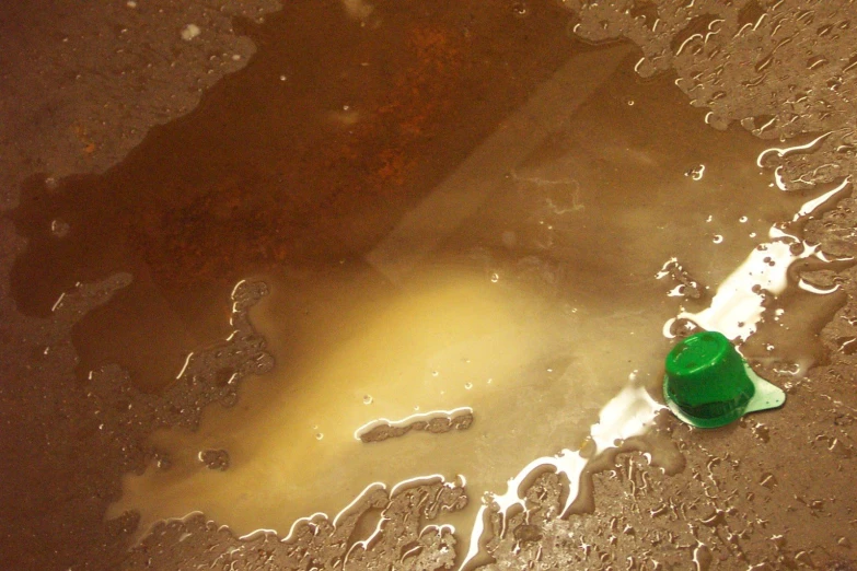 a green object sitting on top of muddy ground