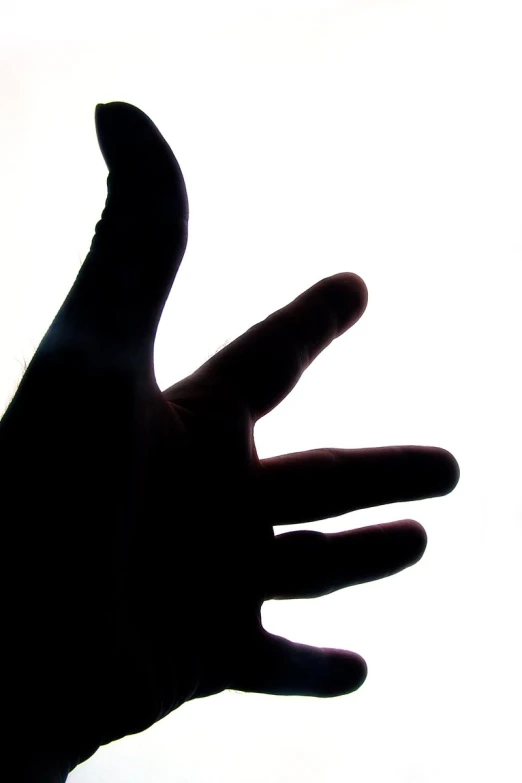 the silhouette of someone's hand against a white sky