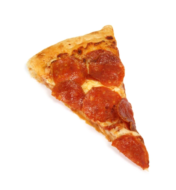 a slice of pepperoni pizza on white paper