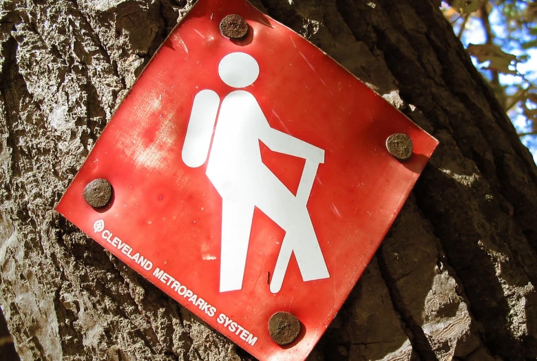 a sign is hanging on a tree in the woods