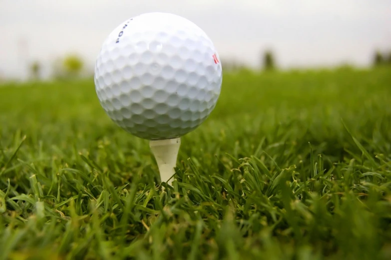a golf ball resting on a tee in the middle of a field