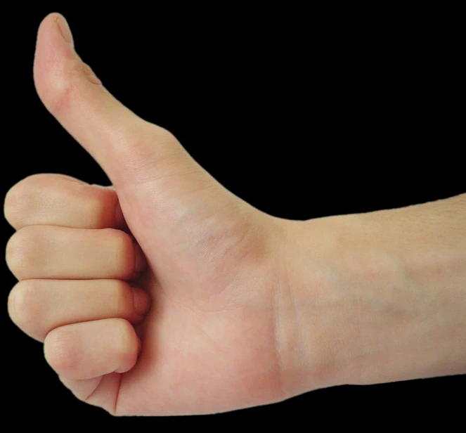 a person holding up their thumb like it's a thumbs up sign