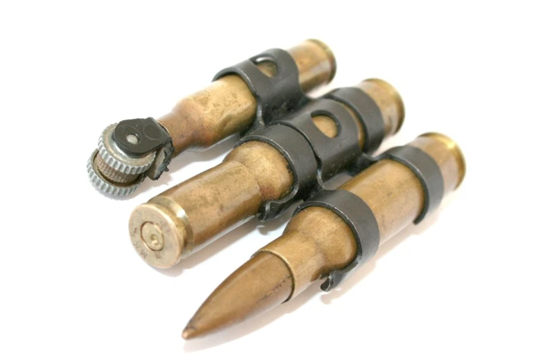 some old ss bullet shells on a white background