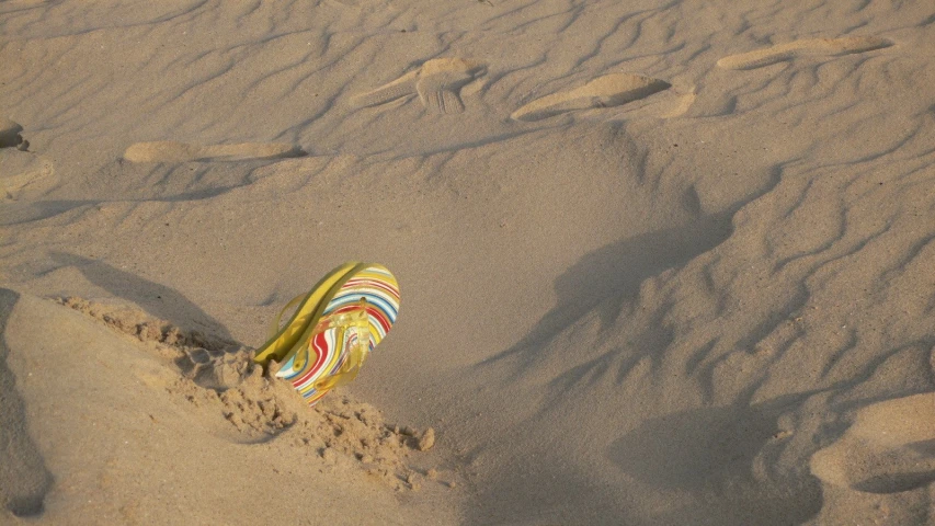 a pair of flip flops sitting in the sand