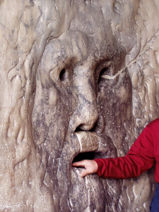 a person puts their hands through their mouth next to a stone lion face