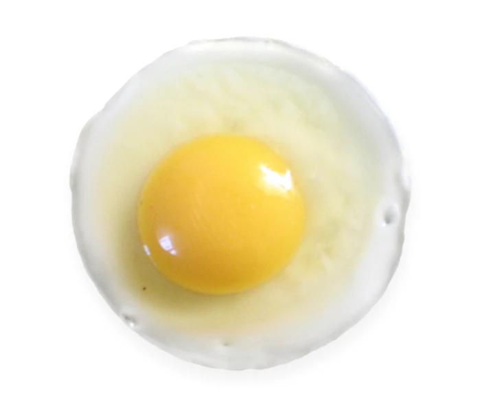 an egg in a white bowl on a white surface