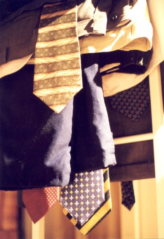 several ties are hung on the shelf by hanging them