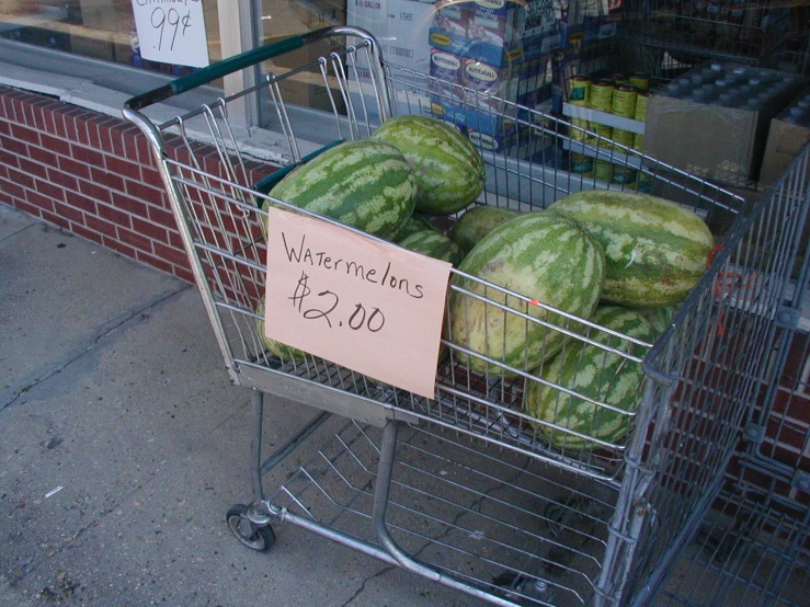 some watermelons are in a shopping cart