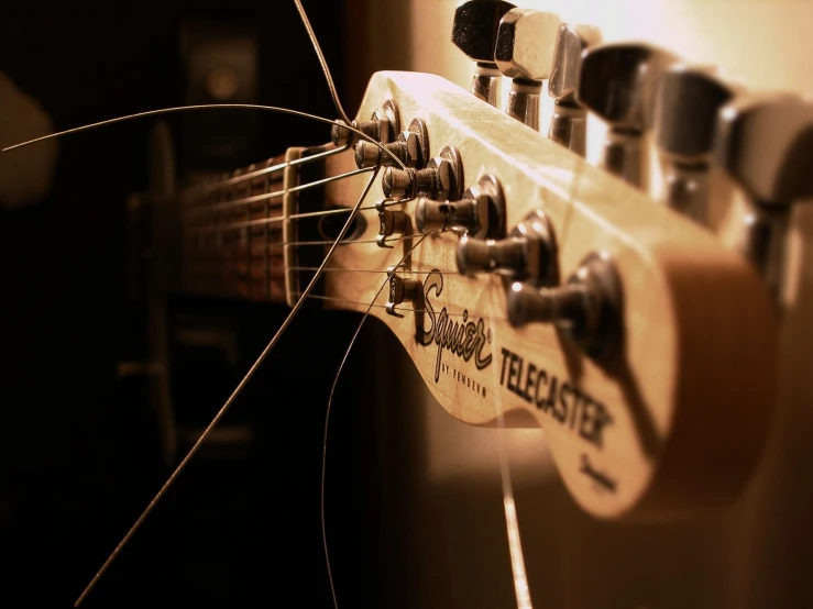 a closeup of an electric guitar's body with strings
