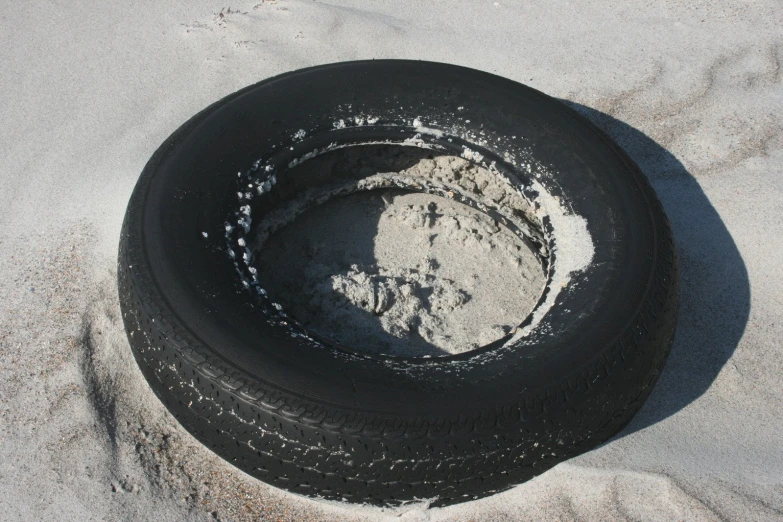 a tire that is sitting in the sand