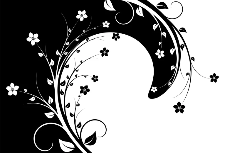 a black and white flowered background with music notes