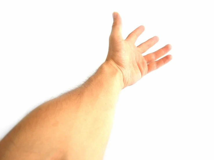 the arm is outstretched towards the sky in front of white background