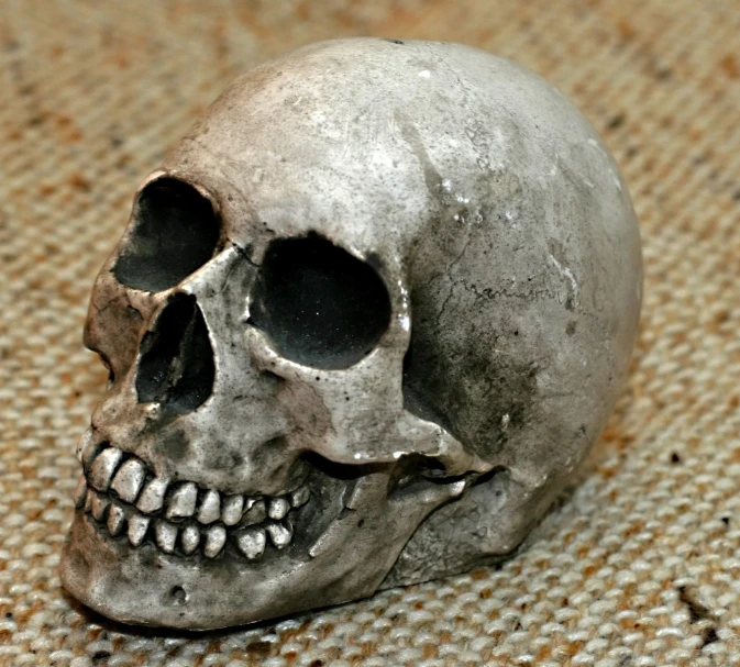 a silver skeleton with two missing eyes on the floor