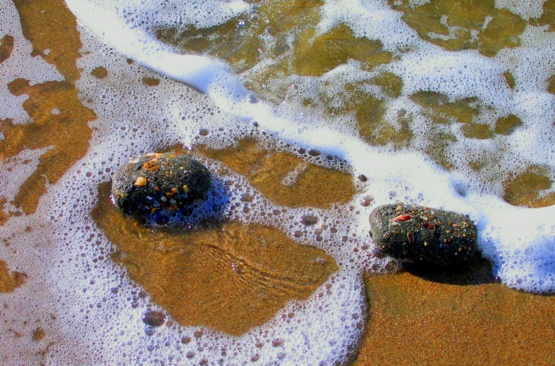 some rocks sticking out of the sand at the edge of the water