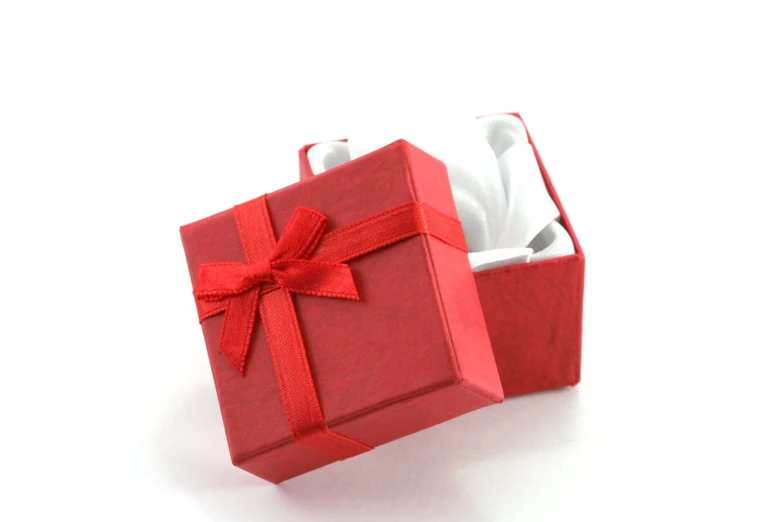 two red boxes with ribbon are sitting together