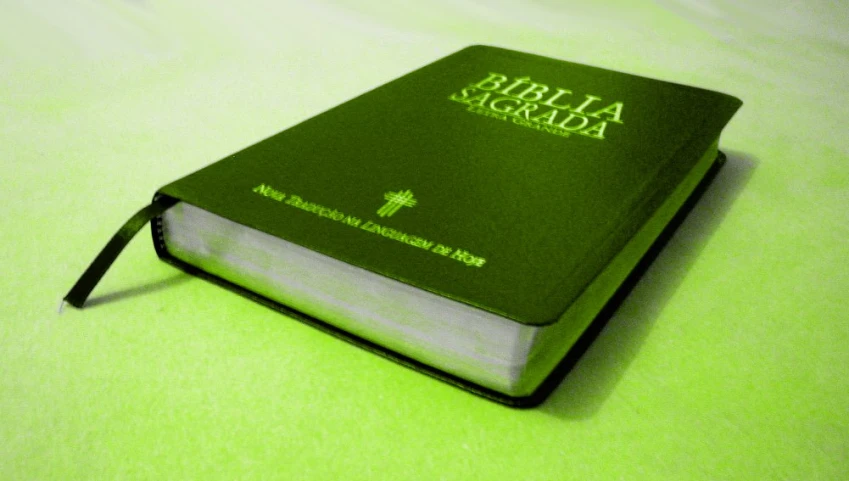 a green and white book with an open book underneath it