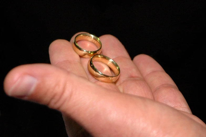 there are two gold wedding rings in the palm