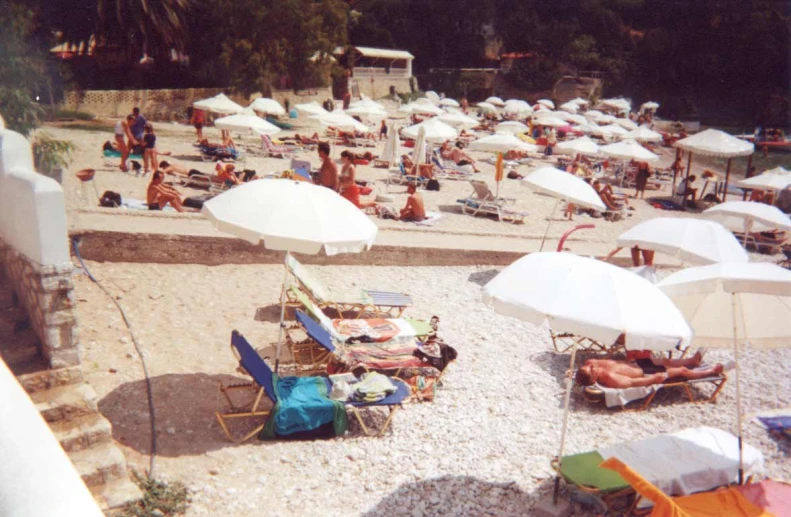 a bunch of umbrellas and chairs are lined up on a beach