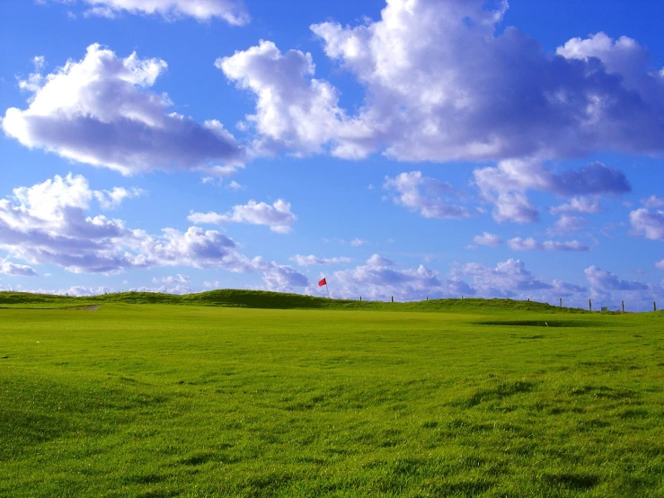 a lone red kite flying over a lush green field