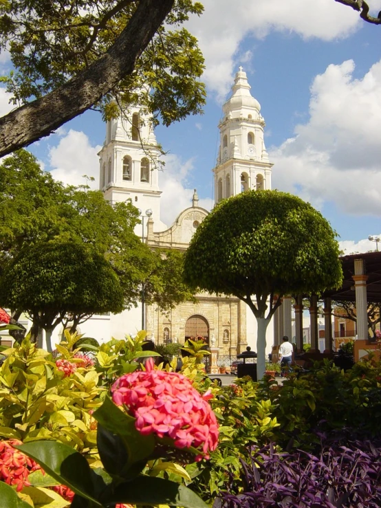 a beautiful park with some trees and colorful flowers