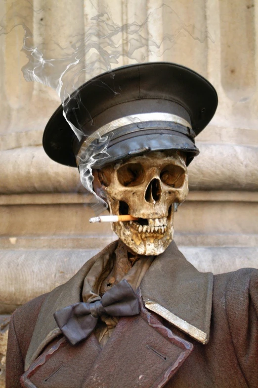 a skeleton wearing a top hat smoking a cigarette