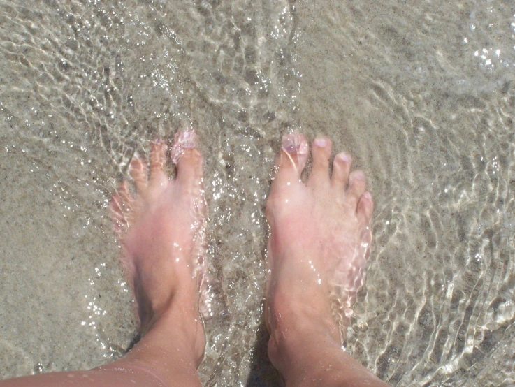 a view of someones feet in the water at the beach