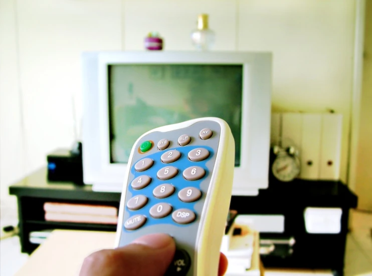 a person holding up a remote control in front of a tv