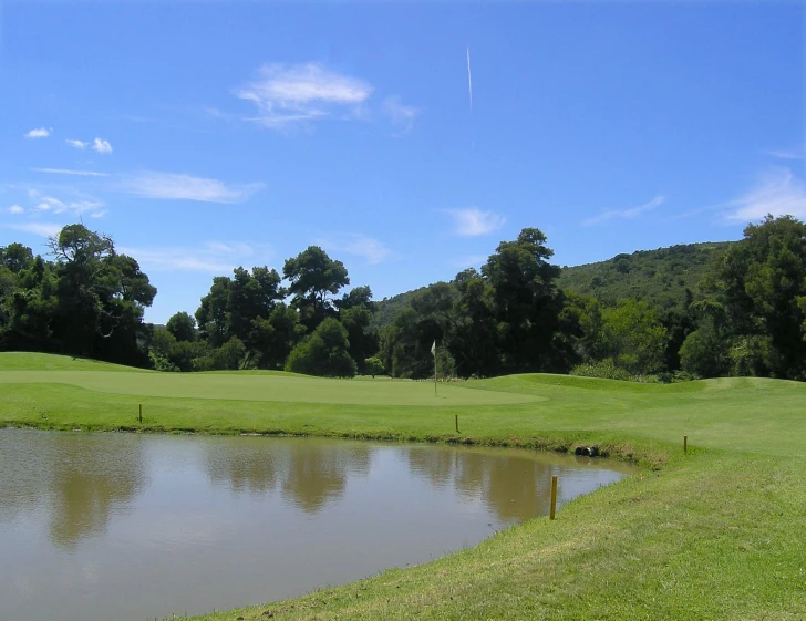 there are two water views with trees in the background