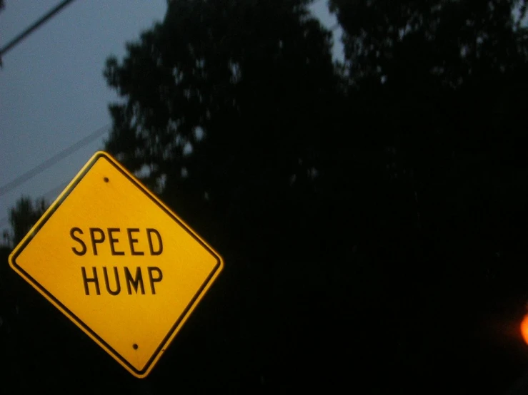 the street signs on the side of the road say speed hump