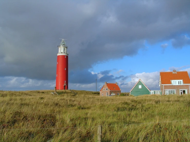 three buildings stand near a red lighthouse with a white top on a grassy hillside