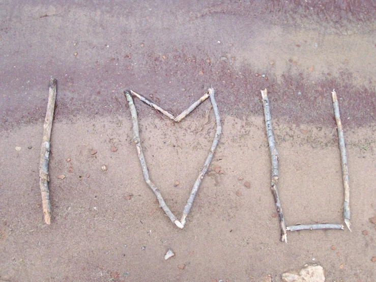 letters made with sticks spelling love in the sand