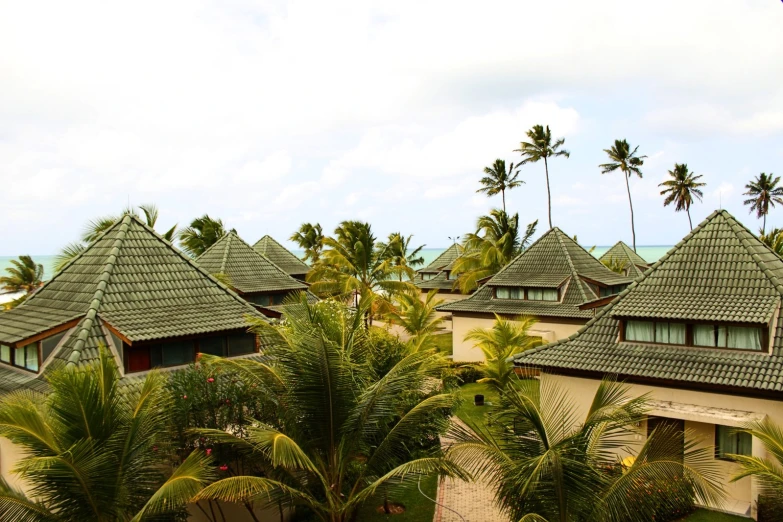 a group of buildings on the beach with a few palm trees