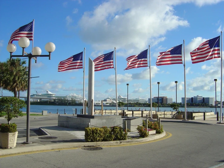 several american flags are blowing by the water
