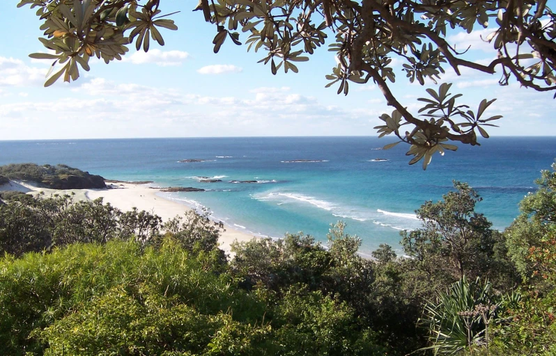 the view over to the beach and ocean from a hill