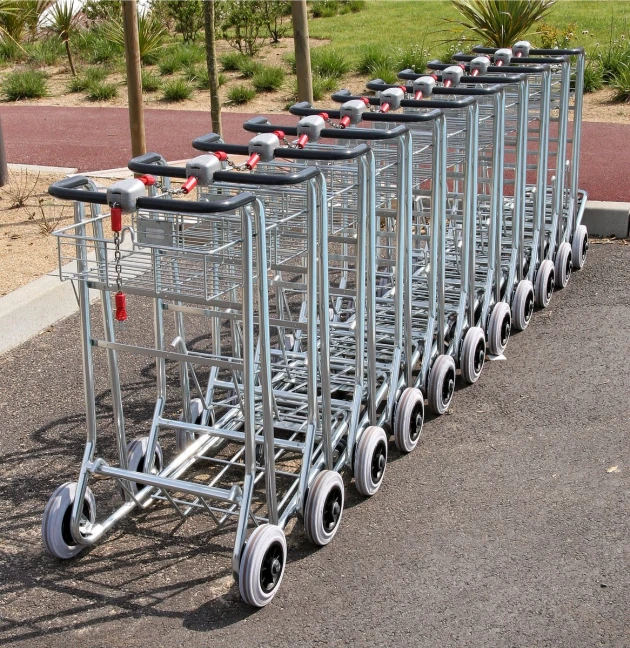 several different sized metal carts on the side of the road