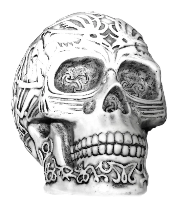 a skull statue on a white surface