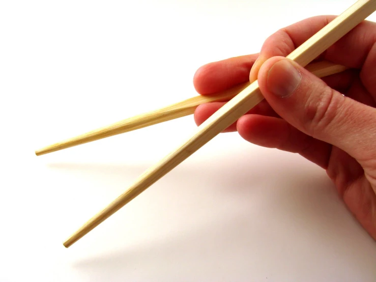 a hand holding chop sticks and a stick with one end held up