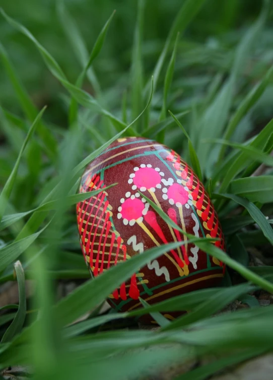 red painted egg with a beautiful red flower and designs on it sitting in the grass