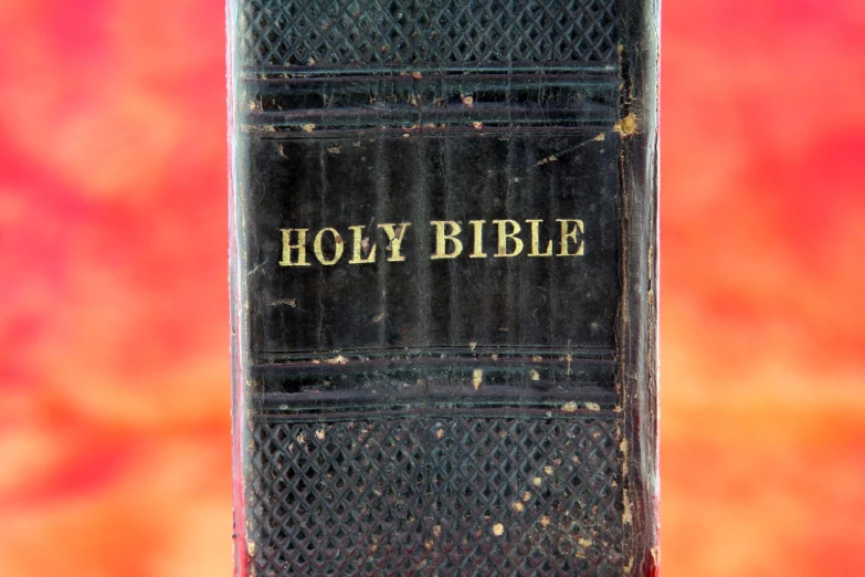 an old book with gold lettering sitting on a red table