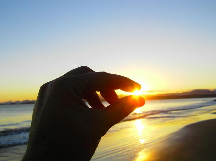 a hand is reaching up to the sun at the beach