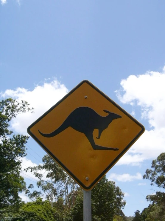 a yellow kangaroo crossing sign on the side of a road