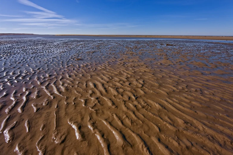 the low tide is in motion on a brown sand beach