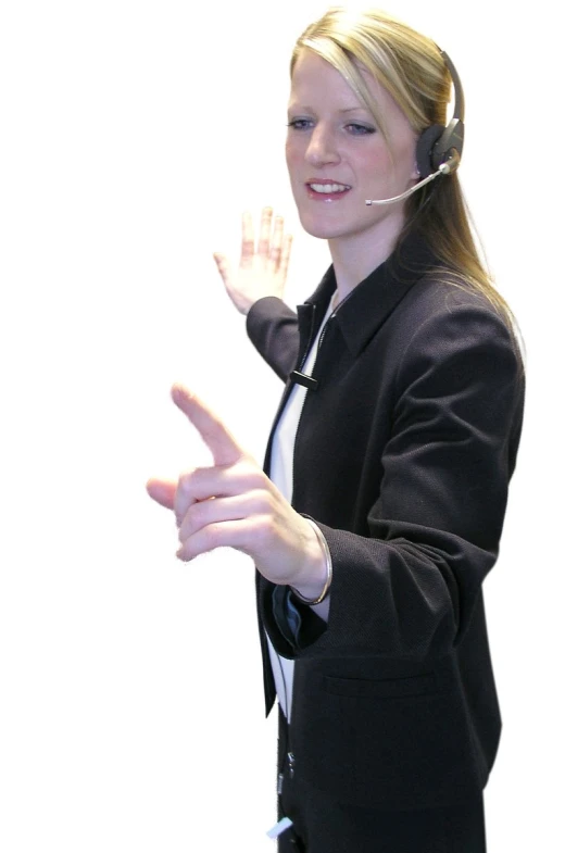 a pretty blonde female wearing a headset and holding up her hand