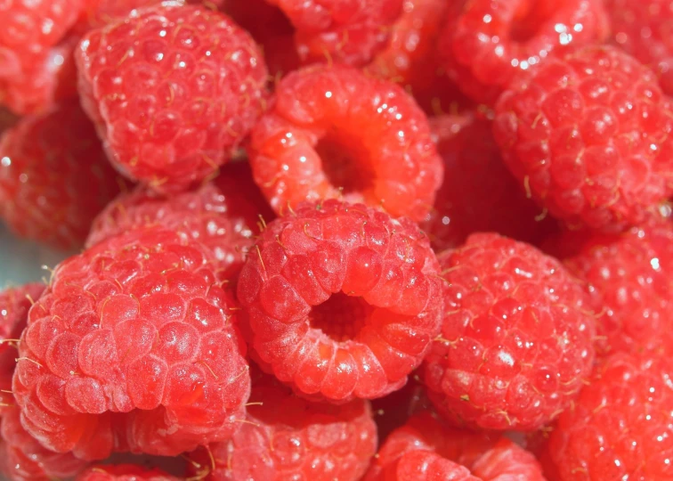 a cluster of red raspberries with lots of drops