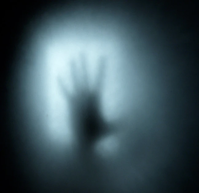 a black silhouette is shown against a foggy background