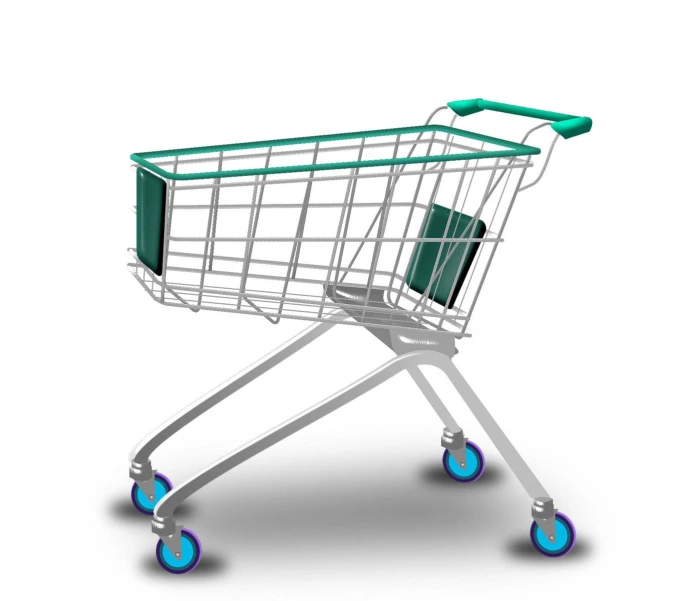 a blue and white shopping cart with three wheels