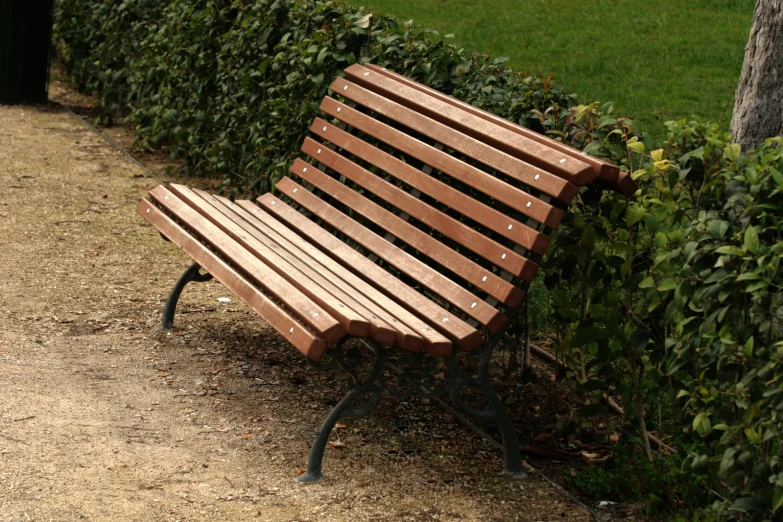 a park bench on a gravel path next to some bushes